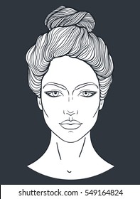 Beautiful Girl Face With Top Bun Hair Style And Neutral Expression. Hand Drawn Woman Portrait Stylized In Lines. Decorative Vector Illustration