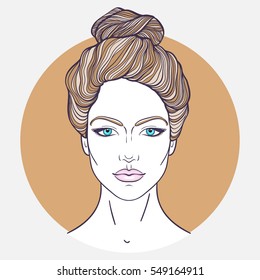 Beautiful Girl Face With Top Bun Hair Style And Neutral Expression. Hand Drawn Woman Portrait Stylized In Lines. Decorative Vector Illustration