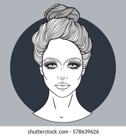 Beautiful girl face with top knot hair style, make up and neutral expression. Hand drawn woman portrait stylized in lines. Decorative vector illustration