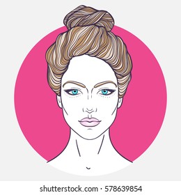 Beautiful girl face with top knot hair style, make up and neutral expression. Hand drawn woman portrait stylized in lines. Decorative vector illustration