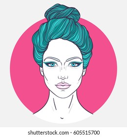 Beautiful girl face with top knot hair style, make up and neutral expression. Hand drawn woman portrait stylized in lines. Decorative vector illustration