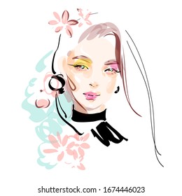 Beautiful girl face vector drawing sketch.