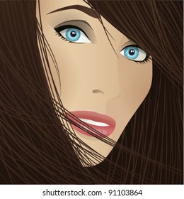 Beautiful girl face. Vector illustration with a girl with blue eyes and brown hair