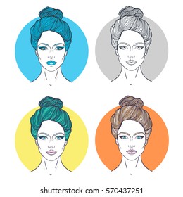 Beautiful girl faces with neutral expression. Hand drawn woman portraits stylized in lines set. Decorative vector illustration