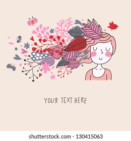 Beautiful girl with fairy hair made of flowers and leafs in vector