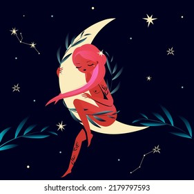 Beautiful girl fairy sit on the Moon at starry night and sleep. Mystic illistration