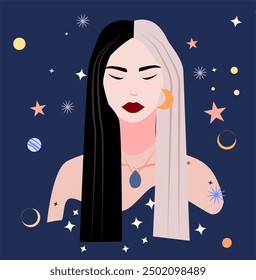 A beautiful girl in a fantasy style on a blue background with stars. The vector illustration is suitable for horoscopes and zodiac signs. Woman and Meditation. Stylish earrings gold