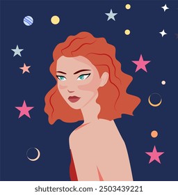 A beautiful girl in a fantasy style on a blue background with stars. The vector illustration is suitable for horoscopes and zodiac signs. Red-haired witch woman mysticism and Halloween. Scorpion