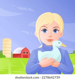 Beautiful girl farmer holds duck in the farm courtyard.