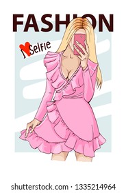 Beautiful girl in fashion dress makes selfie on phone. Vector illustration. Hand drawn sketch.