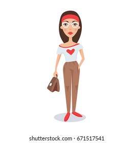 Beautiful girl in fashionable clothes standing with bag cartoon character vector Illustration
