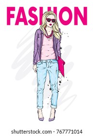 Beautiful girl in fashionable clothes. A stylish woman with long hair in trousers, a jacket and glasses. Vector for greeting card or print on clothes. Fashion, style, clothing and accessories.