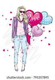 Beautiful girl in fashionable clothes. A stylish woman with long hair in trousers, a jacket and glasses. Vector for greeting card or print on clothes. Heart shaped balls. Valentine's day, love.