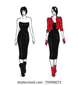 A beautiful girl in fashionable clothes. Vector illustration. A woman in a dress, jacket and shoe.