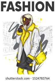 Beautiful girl in a fashionable fur coat, trousers and stylish gloves and glasses. Long hair. Fashion and style, clothes and accessories. Winter, New Year and Christmas. Fur. Vector illustration.