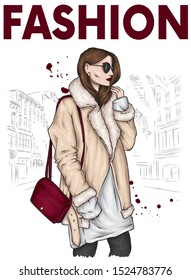 Beautiful girl in a fashionable fur coat, trousers and stylish gloves and glasses. Long hair. Fashion and style, clothes and accessories. Winter, New Year and Christmas. Fur. Vector illustration.