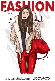 Beautiful girl in a fashionable fur coat, trousers and stylish gloves and glasses. Long hair. Fashion and style, clothes and accessories. Winter, New Year and Christmas. Fur. Vector illustration.