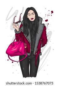 Beautiful girl in a fashionable fur coat, trousers and stylish gloves and glasses. Long hair. Fashion and style, clothes and accessories. Winter, New Year and Christmas. Fur. Vector illustration.