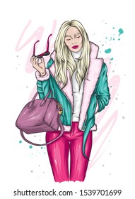 Beautiful girl in a fashionable fur coat, trousers and stylish gloves and glasses. Long hair. Fashion and style, clothes and accessories. Winter, New Year and Christmas. Fur. Vector illustration.