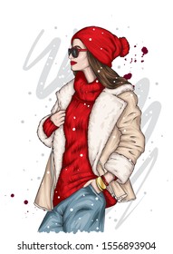 Schönes Mädchen in einem modischen Pelzmantel, Hosen und stilvollen Handschuhen und Brillen. Lange Haare. Mode und Stil, Kleidung und Accessoires. Winter, Neujahr und Weihnachten. Pelz. Vektorgrafik.