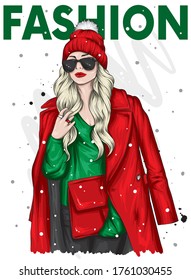 Beautiful girl in a fashionable fur coat, trousers and stylish gloves and glasses. Long hair. Fashion and style, clothes and accessories. Winter, New Year and Christmas. Fur. Vector illustration.