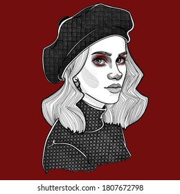 Beautiful girl with fashionable red makeup and beret hat