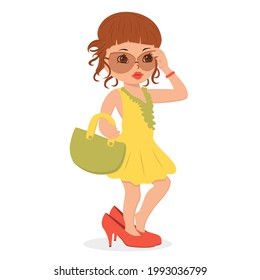 Beautiful girl fashionista in her mother's shoes with a handbag. Vector flat illustration.