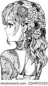A beautiful girl, featuring decorations and costumes, doodle, coloring book. Vector illustration