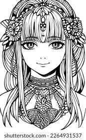 A beautiful girl, featuring decorations and costumes, doodle, coloring book. Vector illustration