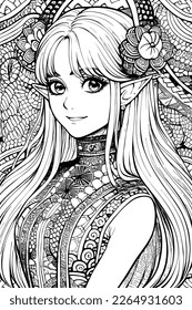 A beautiful girl, featuring decorations and costumes, doodle, coloring book. Vector illustration