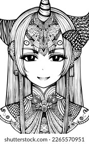 A beautiful girl, featuring decorations and costumes, doodle, coloring book. Vector illustration