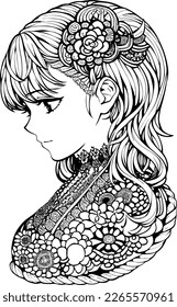 A beautiful girl, featuring decorations and costumes, doodle, coloring book. Vector illustration