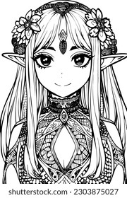 A beautiful girl, featuring decorations and costumes, doodle, coloring book. Vector illustration