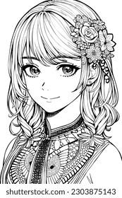 A beautiful girl, featuring decorations and costumes, doodle, coloring book. Vector illustration