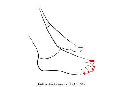 Beautiful girl feet with anklets and red nails line drawing isolated on white background - vector illustration