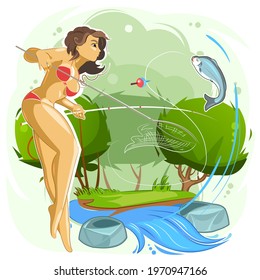 Beautiful girl fishing by the river. I caught a fish with a fishing rod. Cartoon landscape with water and trees. Flat style. Vector.