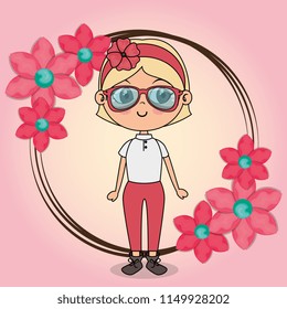 beautiful girl with floral frame kawaii character