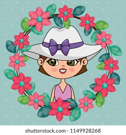 beautiful girl with floral frame kawaii character