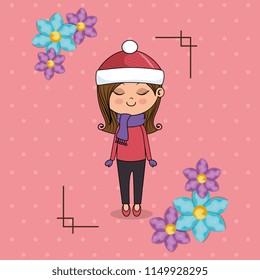 beautiful girl with floral frame kawaii character