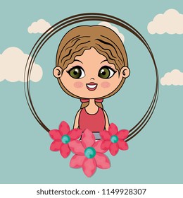beautiful girl with floral frame kawaii character