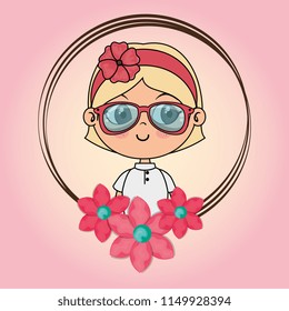 beautiful girl with floral frame kawaii character