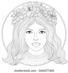 Beautiful girl with a floral wreath on her head.Coloring book antistress for children and adults. Illustration isolated on white background.Zen-tangle style. Black and white drawing