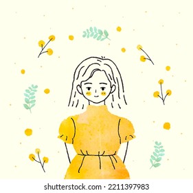 Beautiful girl in flower garden. Little girl with leaves and flowers in yellow dress. Girl inside flower frame. Use for girlish surface designs. Watercolor vector illustration in hand drawn style.