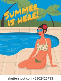 Beautiful girl with flower in her hair relaxing in swimming pool. Summer vacation. Open air swimming pool. Vector illustration. Banner.