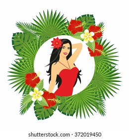 Beautiful girl with a flower in her hair. branches and leaves of tropical plants. Round floral frame 
