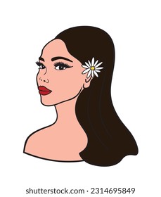 Hermosa chica con una flor en su largo cabello negro. Ilustración vectorial.