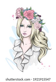 Beautiful girl in a flower wreath. Fashion and style, clothing and accessories. Vector illustration. 
