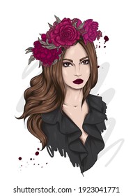 Beautiful girl in a flower wreath. Fashion and style, clothing and accessories. Vector illustration. 
