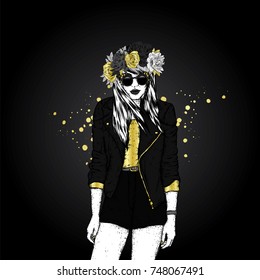 Beautiful girl in a flower wreath, jacket and shorts. Vector illustration. Fashion & Style. Slender girl with long hair in stylish clothes and accessories.