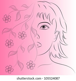 Beautiful girl and flowers. Abstract pink background. Vector.